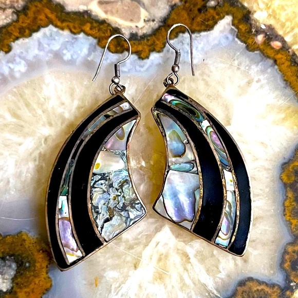 Abalone Sterling Silver Earrings Vintage Stamped Marked - Picture 1 of 2